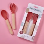 Silicone Wooden Spoon and Fork Set For Baby (Purplish Red)