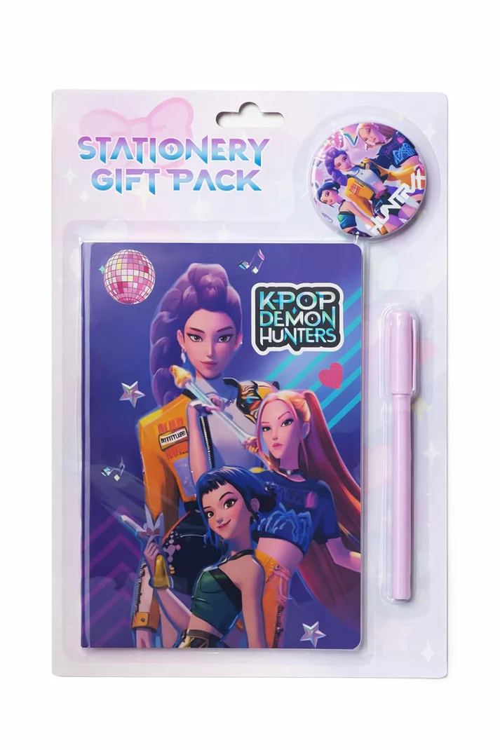 K POP Demon Hunters Stationery Gift Pack for Kids – Cute Notebook, Pen & Badge Set | Cartoon Theme Study Kit | Gift for Girls Boys Students