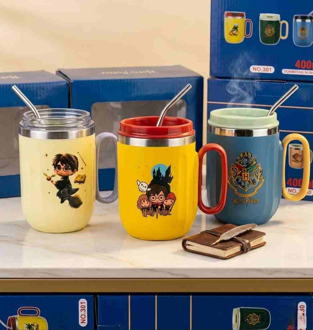 Harry Potter Theme Stainless Steel Mug with Steel Straw – 400 ml (Assorted Designs)